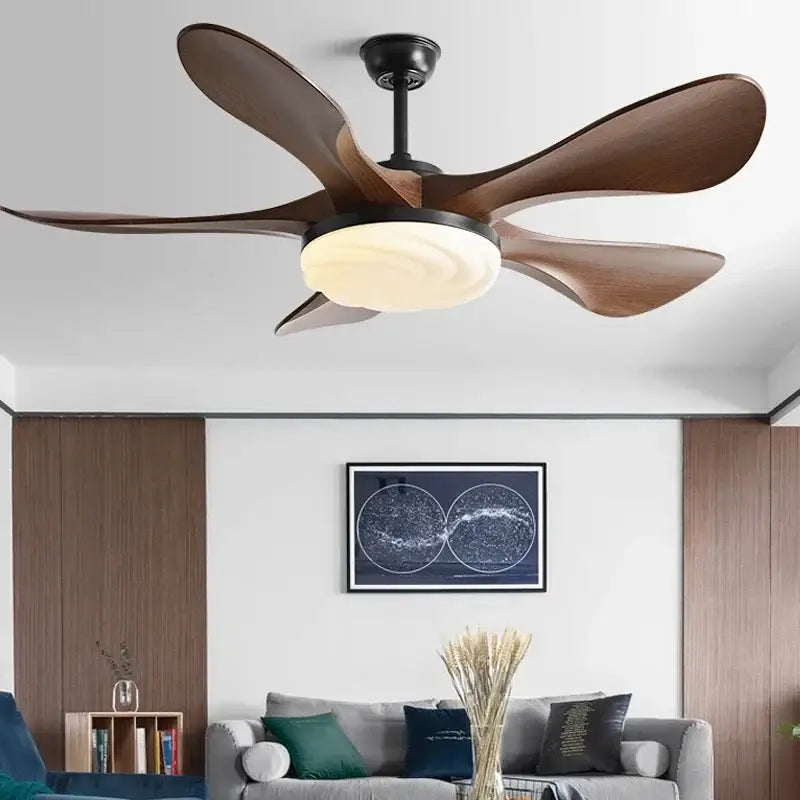 Modern led ceiling fan with five dark wood blades and warm-toned circular light fixture for living room use