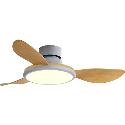 Modern dark wood led ceiling fan with three light wood blades and integrated circular led light for living room use