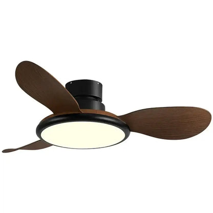 Modern dark wood led ceiling fan with black blades and integrated circular led ceiling light for living room use