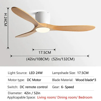 Modern ceiling fan with light wood blades and integrated led lamp, featuring remote control for low floor fan use