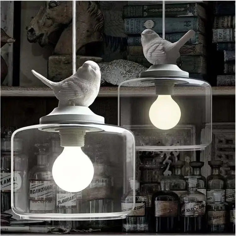 White ceramic decorbites bird led pendant lights with clear glass domes for modern dining room chandelier lighting