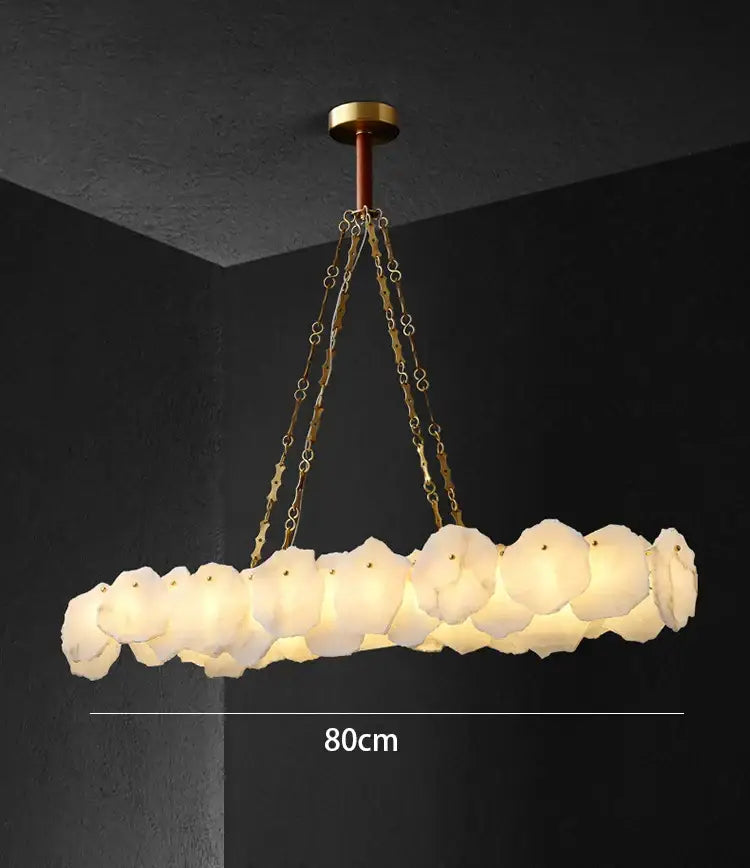 Modern decorbites brass marble ceiling chandelier with frosted petal glass shades and gold-toned chains for dining room light