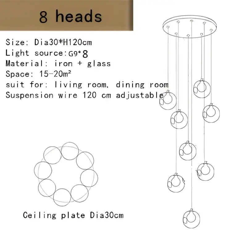 Eight-head modern decorbites bubble led chandelier with clear glass globes and circular iron ceiling plate for dining room lighting
