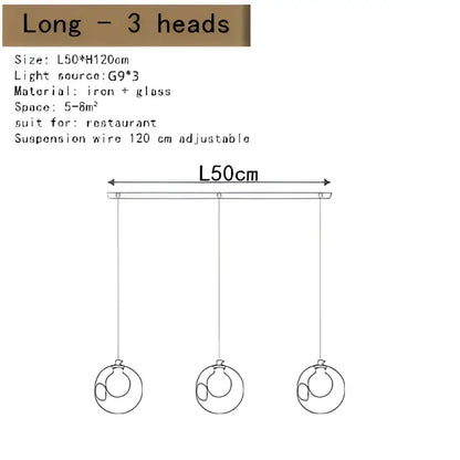Three-head pendant decorbites bubble led chandelier in clear glass and iron with adjustable suspension wires for dining rooms