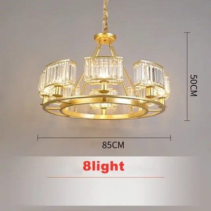Modern decorbites copper crystal chandelier with gold-toned circular frame and eight crystal-encased lights for dining room