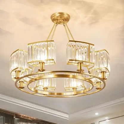 Modern decorbites copper crystal chandelier with gold-toned frame and clear prisms for dining room lighting