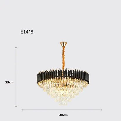 A modern decorbites crystal black clear led chandelier with black and gold frame and cascading crystal droplets for staircase