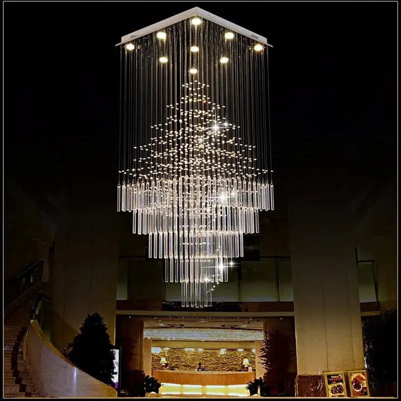 Modern decorbites crystal columnar chandelier with cascading crystal rods and embedded lights for living room stair loft