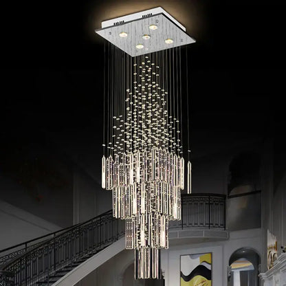 Modern decorbites crystal columnar chandelier with chrome finish and cascading crystal rods for living room stair loft