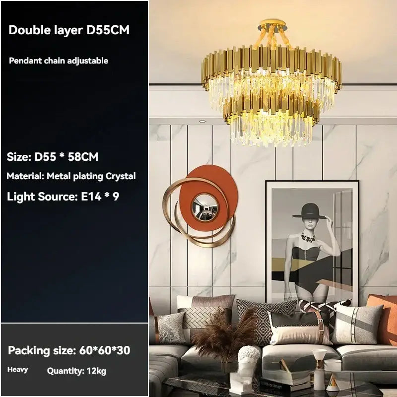 Modern decorbites crystal gold chandelier with gold-toned double layer design and crystal accents for living room ceiling