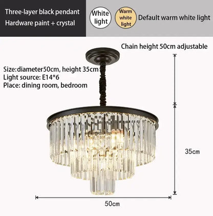 Modern decorbites crystal gold black three-layer pendant chandelier with crystal rods and warm white led light for living room