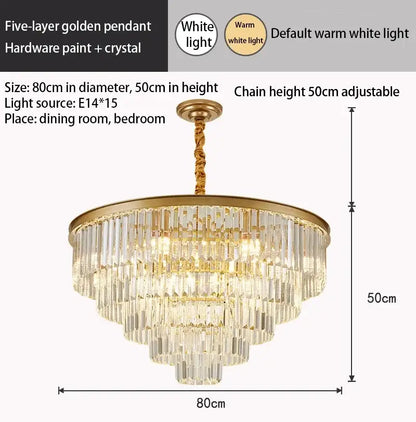 Elegant five-layer gold led decorbites crystal gold chandelier with crystal accents and adjustable chain for living room