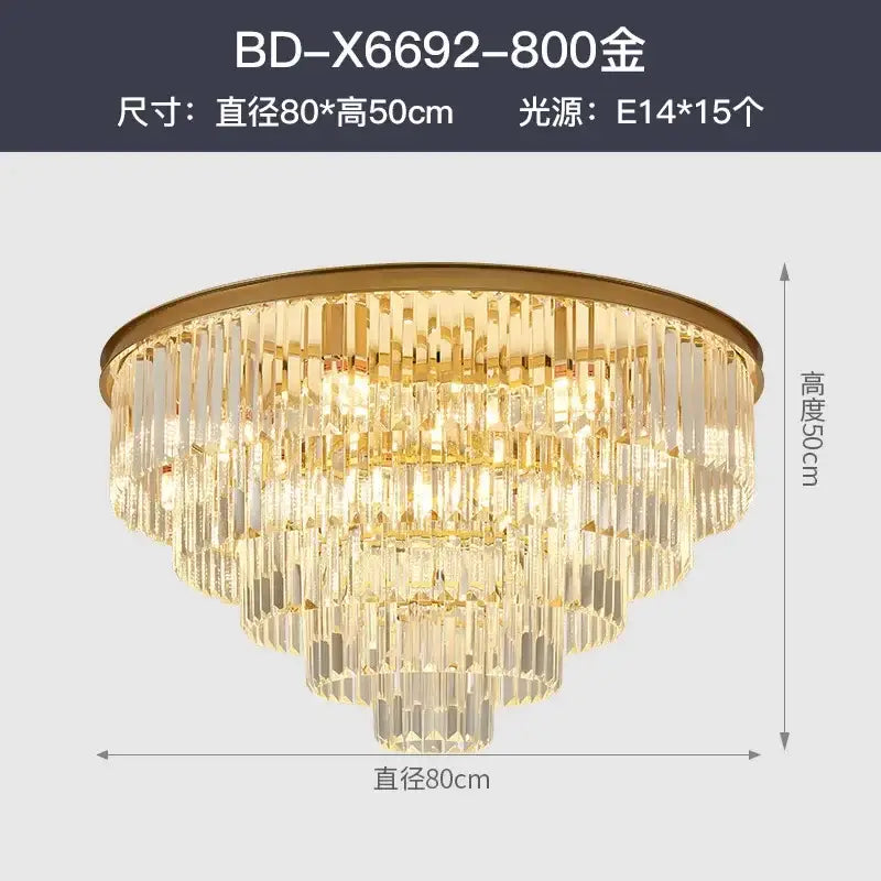 Modern decorbites crystal gold led chandelier with clear faceted crystal prisms on a gold frame for living room lighting