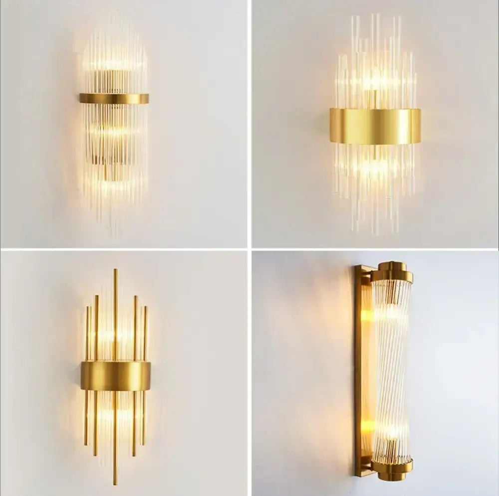 Gold-finished decorbites crystal gold led wall sconce with clear vertical glass rod cascades for modern bedroom decor