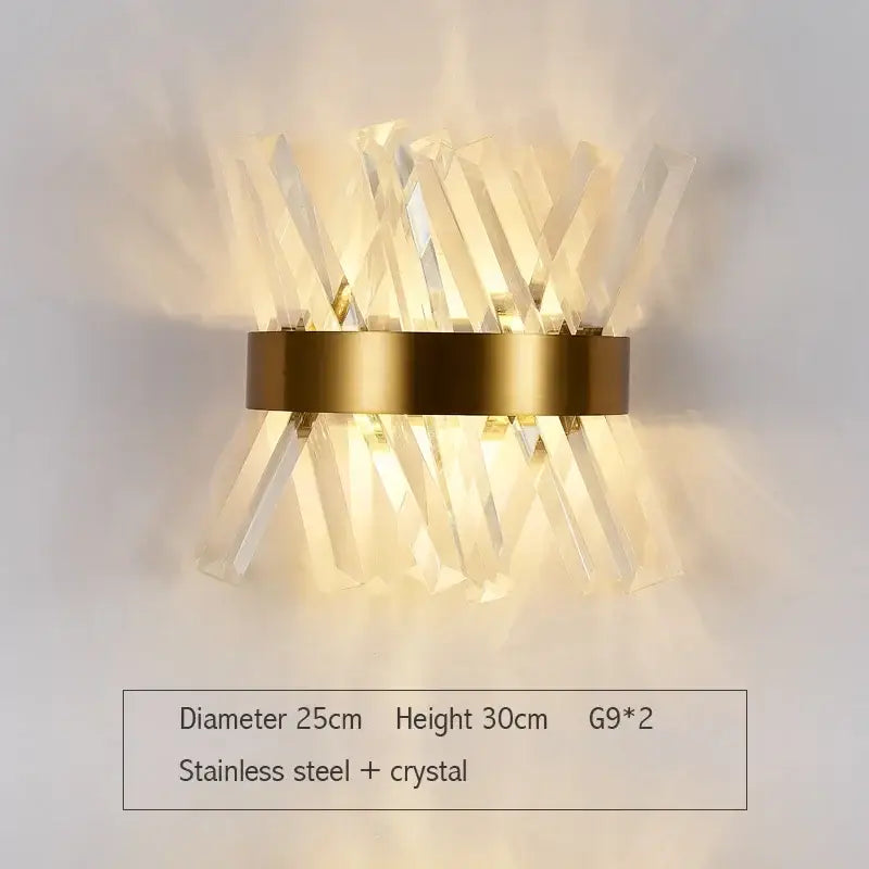 Modern decorbites crystal gold led wall sconce with gold-toned stainless steel ring and clear crystal rods for bedroom lighting
