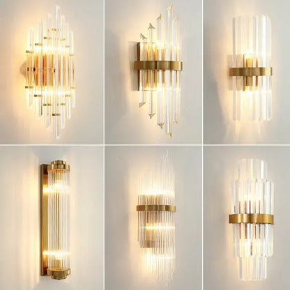 Gold-toned modern decorbites crystal gold led wall sconce with clear glass rods illuminated by warm light for bedroom use