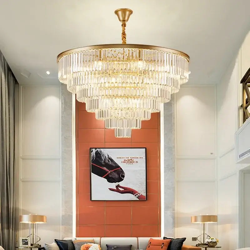 Modern decorbites crystal gold multi-tiered chandelier with clear prisms and gold frame for dining room led lighting