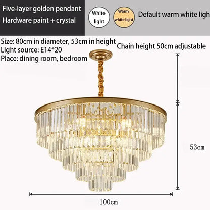 Elegant five-layer decorbites crystal gold pendant chandelier with crystal tiers and warm white led lighting for dining room