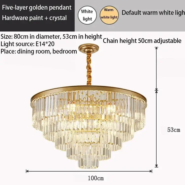 Elegant five-layer decorbites crystal gold pendant chandelier with crystal tiers and warm white led lighting for dining room