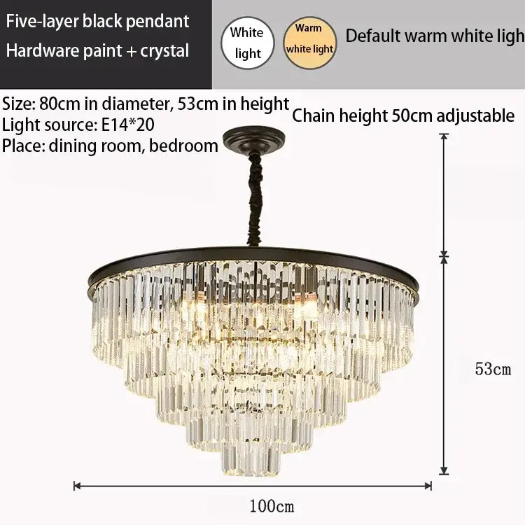 Elegant five-layer black pendant chandelier with cascading crystal tiers and adjustable chain for modern decorbites crystal gold lighting