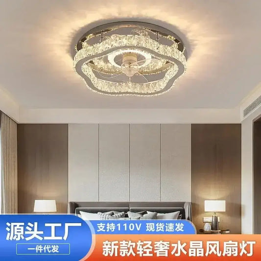 Modern decorbites crystal led ceiling fan bedroom light fixture with circular crystal-encrusted design and metallic frame