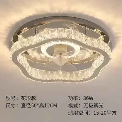 Modern decorbites crystal led ceiling fan with circular chrome finish and tiers of crystal glass pieces for bedroom lighting