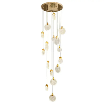 Gold-toned decorbites crystal led chandelier with cascading clear textured glass orbs for modern living room decor