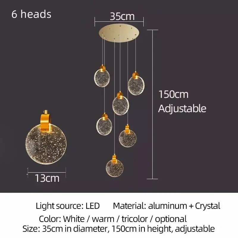 Modern decorbites crystal led chandelier with six spherical globes and gold aluminum fixtures for living room lighting