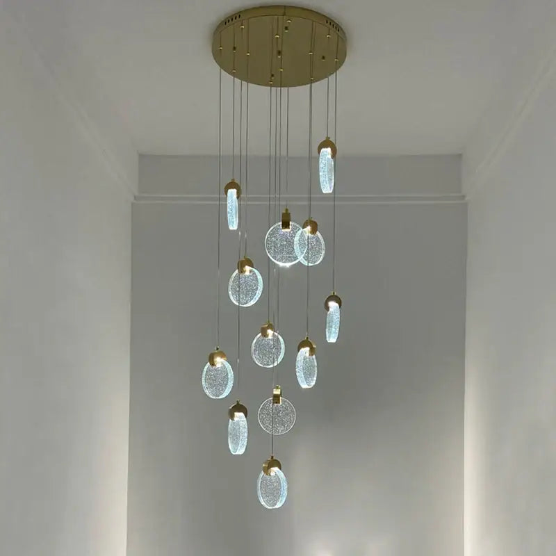 Modern decorbites crystal led chandelier with gold circular mount and crackled glass pendants for living room lighting