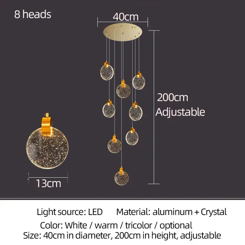 Modern decorbites crystal led chandelier featuring eight crystal globe lights on adjustable aluminum base for living room