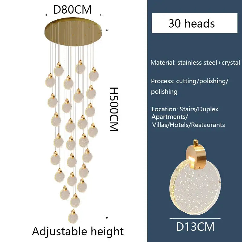 Gold-toned decorbites crystal led chandelier with 30 crystal pendants suspended from circular stainless steel mount