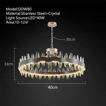 Modern decorbites crystal led chandelier featuring a sleek stainless steel frame and dangling crystals for living room lighting