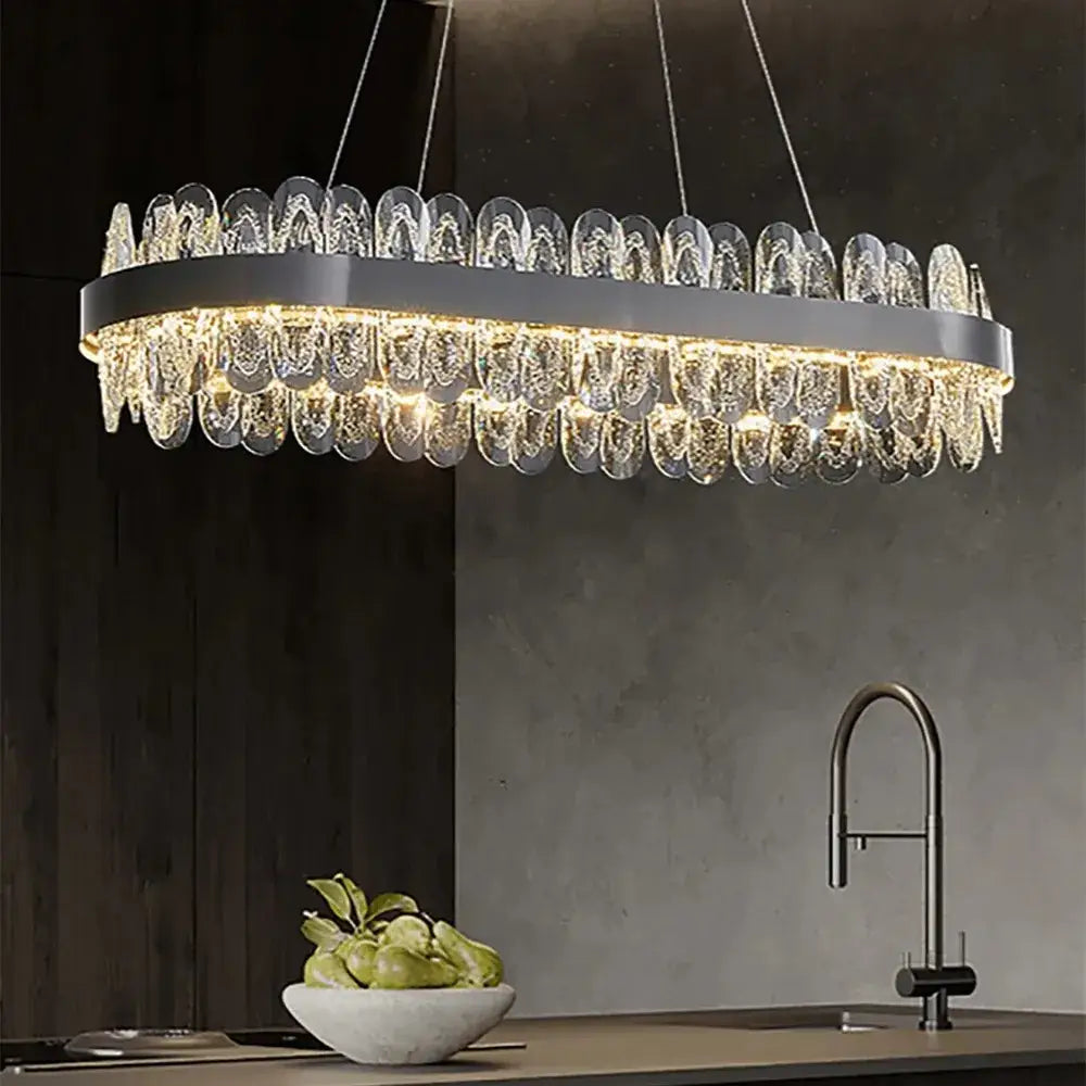 Modern decorbites crystal led chandelier with gray metal frame and clear crystal droplets for living room pendant light
