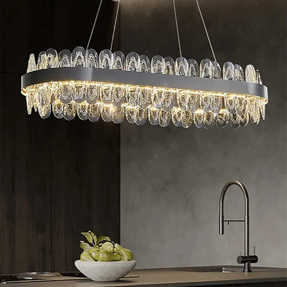 Modern decorbites crystal led chandelier with gray metal frame and cascading crystal droplets for living room lighting