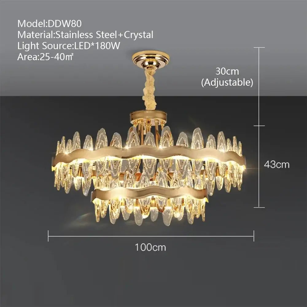 Gold-toned decorbites crystal led chandelier with two tiers of cascading crystal droplets and stainless steel frame for living room