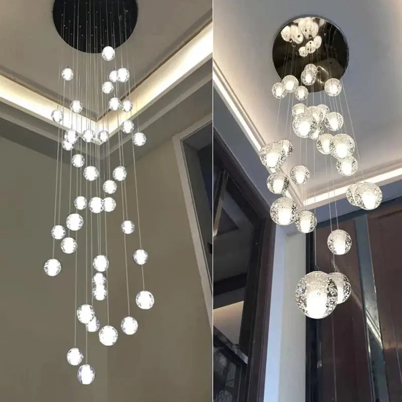 Modern decorbites crystal led chandelier with sleek black mount and cascading clear faceted glass spheres for living room