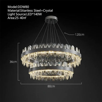 Modern decorbites crystal led double-tiered chandelier with black stainless steel frame and cascading crystal droplets