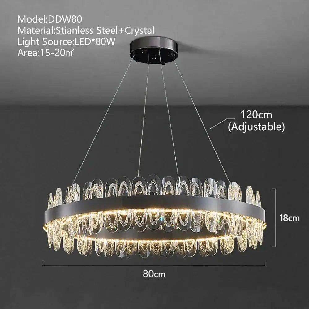 Modern decorbites crystal led chandelier with black stainless steel frame and cascading clear crystal droplets for living room