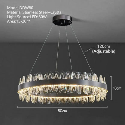 Modern decorbites crystal led chandelier with black stainless steel frame and cascading clear crystal droplets for living room