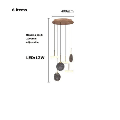Modern decorbites deco wood and marble led chandelier with circular wooden mount and gray stone discs for dining room light