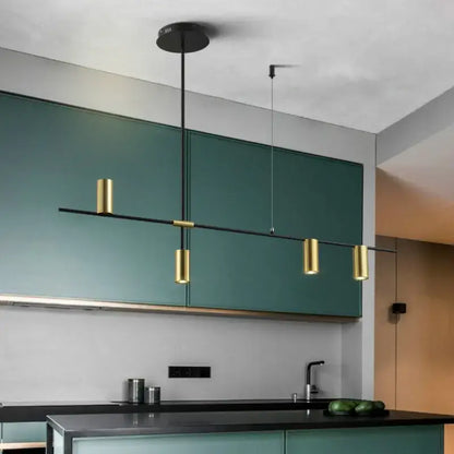 Modern decorbites designer black long chandelier with sleek black rod and four gold-toned cylindrical fixtures for dining room
