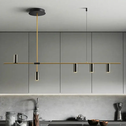Modern decorbites designer black long chandelier featuring a sleek gold rod and black cylindrical fixtures for dining rooms