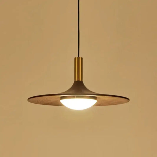Modern decorbites flying saucer solid wood chandelier with a warm brass stem and wide saucer shade for bedroom light