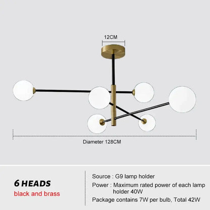 Modern decorbites glass brass chandelier with six white glass globes on black and brass arms for living room lighting