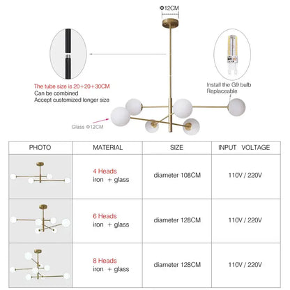 Modern Decorbites glass brass chandelier with four white glass globes for living room lighting