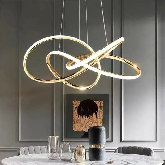 Modern decorbites gold ring led chandelier featuring gold-toned intertwined rings for dining room lighting