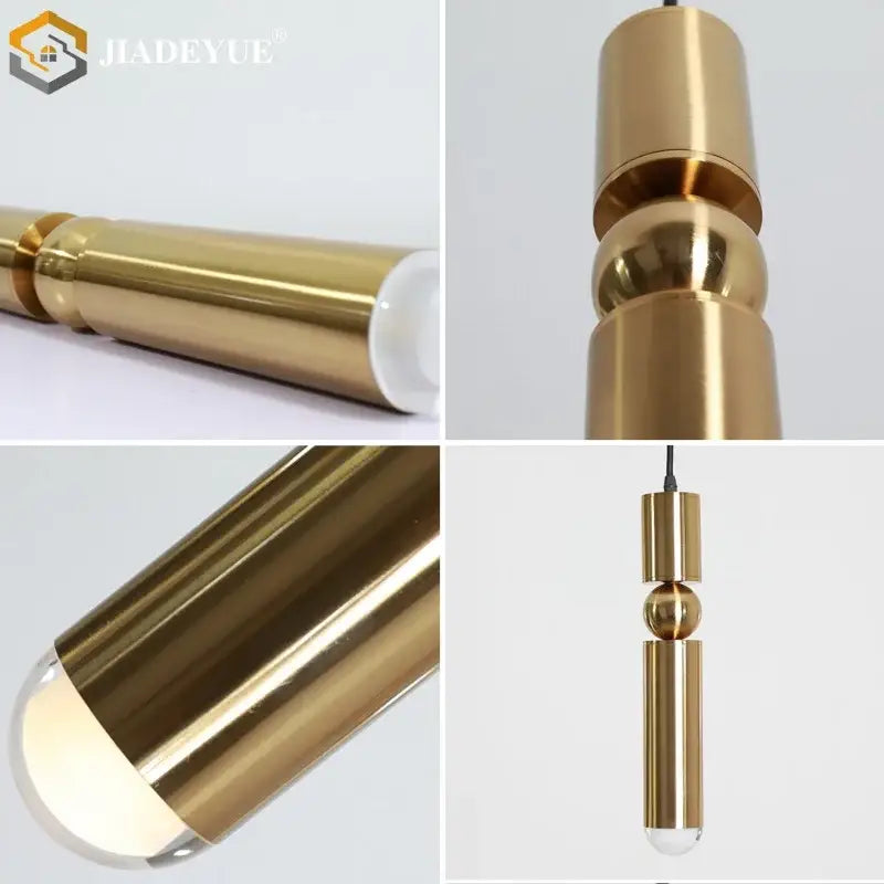 Brass-finished decorbites golden led cylindrical pendant light with stacked geometric shapes and warm glow for dining room