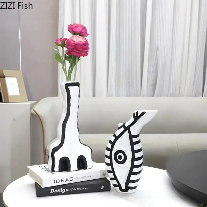 Modern design black and white ceramic decorbites abstract vase set with bold fish designs for bedroom decor