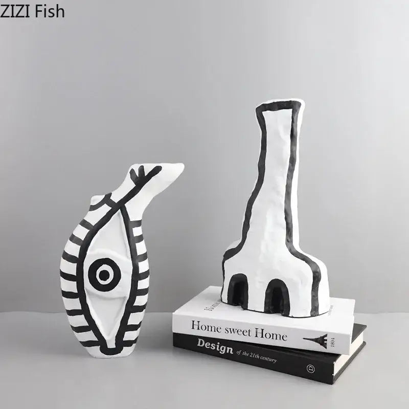 Modern design black and white abstract vase set with white ceramic fish and bold black outlines for bedroom decorbites abstract vase decor