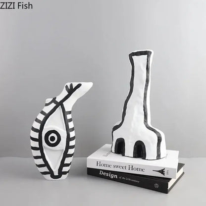 Modern design black and white abstract vase set with white ceramic fish and bold black outlines for bedroom decorbites abstract vase decor